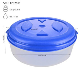 caserolă rotundă din plastic cu capac și informații despre capacitate și dimensiuni