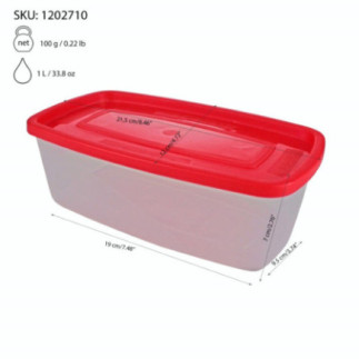 caserolă ovală din plastic cu capac roșu și specificații despre capacitate greutate și dimensiuni