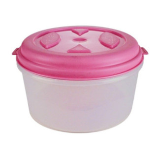 caserolă rotundă mică din plastic cu capac roz pentru depozitat alimente