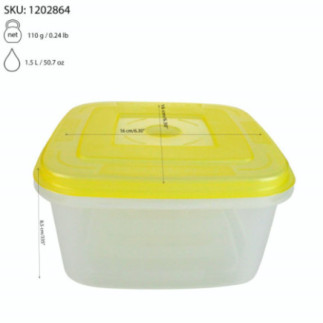 caserolă alimente pătrată cu informații vizibile despre dimensiuni greutate și capacitate