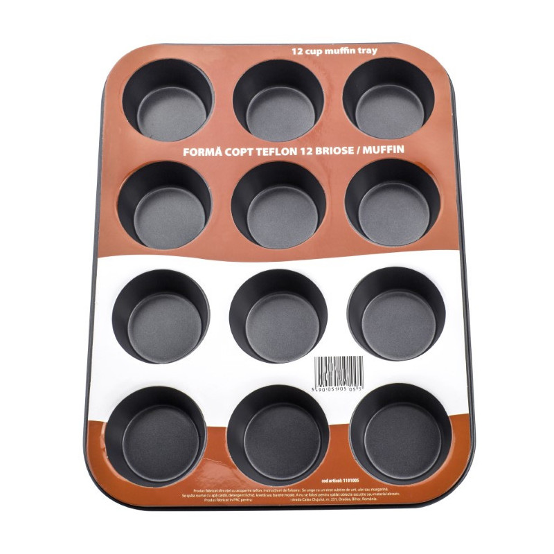 Tavă pentru copt brioșe cu 12 compartimente și strat antiaderent teflonat, ideală pentru prăjituri sau aperitive la cuptor