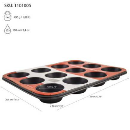 Tavă pentru copt brioșe cu 12 compartimente și strat antiaderent teflonat, ideală pentru prăjituri sau aperitive la cuptor