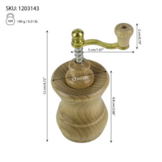 rășniță de condimente din lemn cu manivelă și cu specificații despre dimensiuni trasate prin săgeți