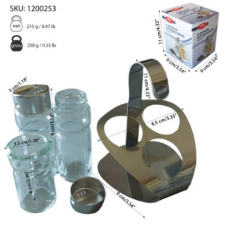 suport metalic cu mâner și sticluțe de condimente de masă cu informații despre cutia ambalaj și dimensiuni