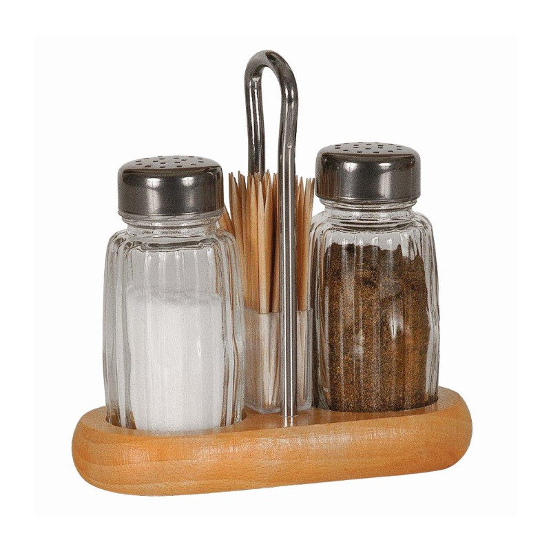 Set solniță și piperniță pe suport rustic din lemn cu mâner inox și recipient pentru scobitori