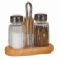set de solniță și piperniță pe suport din lemn cu scobitori și mâner metalic