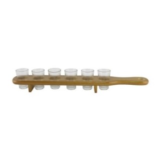 Set de pahare mici, tip shot, pentru alcool sau cocktails, pe sport orizontal rustic și elegant din lemn cu mâner, 6 buc