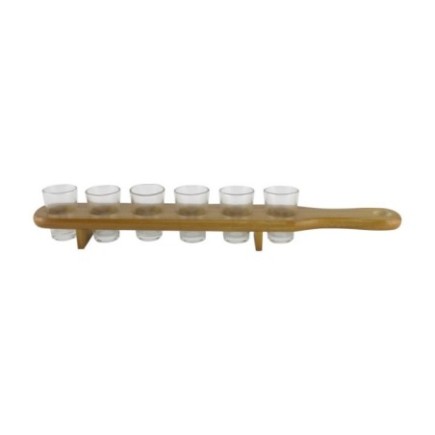 Set de pahare mici, tip shot, pentru alcool sau cocktails, pe sport orizontal rustic și elegant din lemn cu mâner, 6 buc
