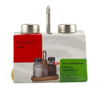 set pentru condimente cu 2 piese pe suport de lemn cu mâner metalic în ambalaj etichetă de carton