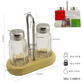 set de condimente solniță și piperniță pe suport de lemn cu spațiu pentru scobitori și informații despre dimensiuni