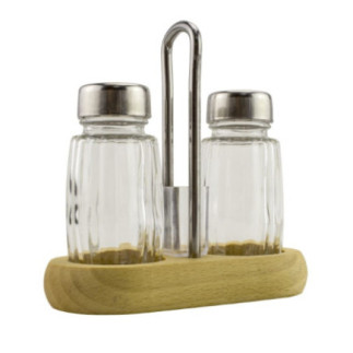 set de condimente cu sticluțe pentru sare și piper spațiu pentru scobitori și suport din lemn cu mâner metalic