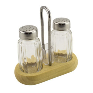 set de două sticluțe pentru sare și piper pe suport din lemn cu loc pentru scobitori și mâner metalic