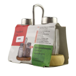 set pentru condimente cu 2 sticluțe pe suport din lemn cu mâner metalic în ambalaj cartonat