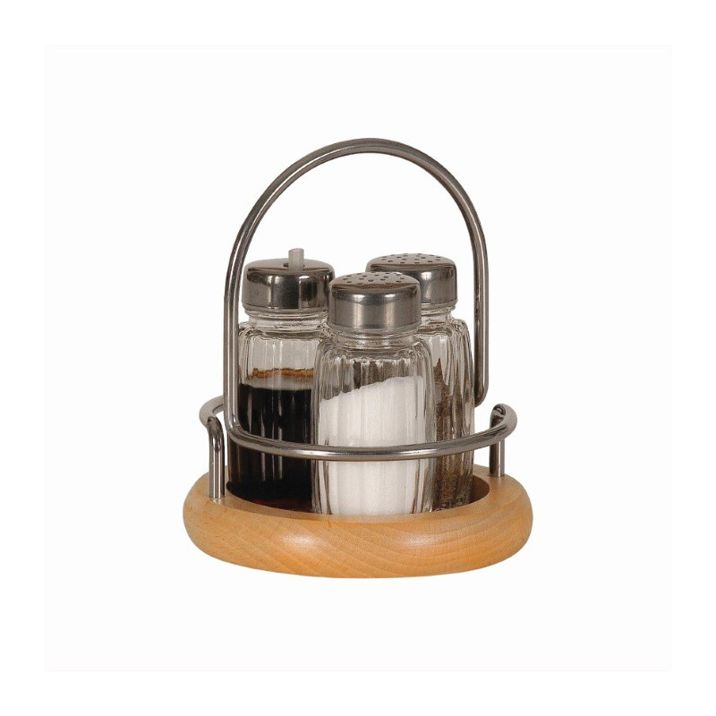 Set sărăriță, piperniță și sticluță pentru ulei sau oțet pe suport rotund din lemn, cu mâner elegant