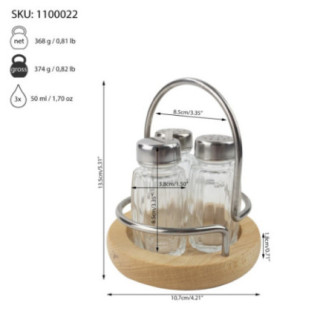 set pentru sare piper și oțet pe suport cu mâner și detalii despre dimensiuni și capacitate