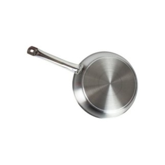 tigaie inox întoarsă cu susul în jos detaliu prim-plan pe fundul cu inducție și pe mâner