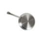 Tigaie profesională, rotundă, inox, ideală pentru prăjit și sotat, încălzire rapidă, distribuție uniformă a căldurii, 24 cm tigaie inox întoarsă cu susul în jos detaliu prim-plan pe fundul cu inducție și pe mâner