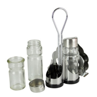 suport cromat pentru condimente cu mâner spațiu pentru șervețele și trei sticluțe cu capac