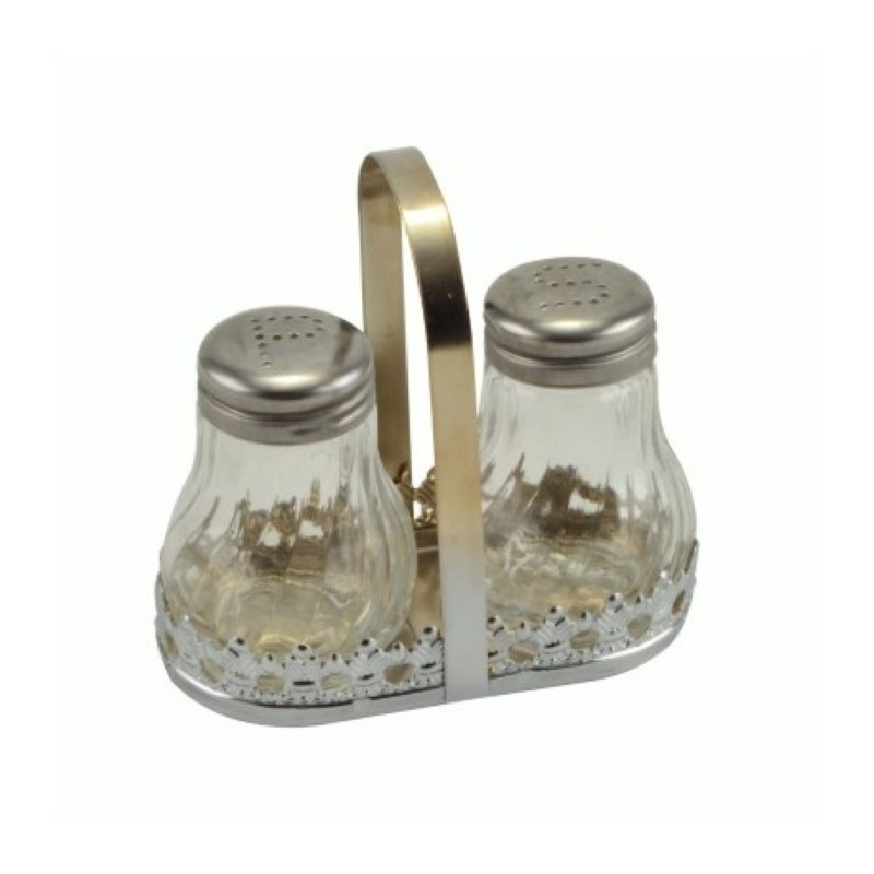 Set solniță și piperniță din sticlă pe suport metalic cu mâner, design compact
