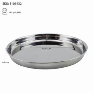 tavă rotundă pentru servit din inox cu specificații despre greutate și dimensiuni