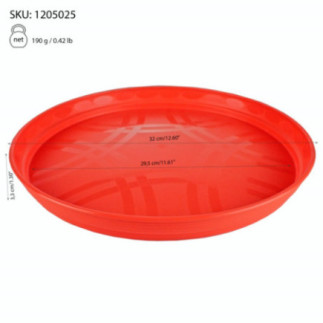 tavă rotundă din plastic roșu cu specificații despre dimensiuni trasate prin săgeți