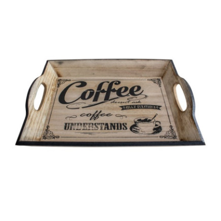 Tavă de servit, dreptunghiulară, din lemn cu model imprimat, mânere și margini înălțate perfectă pentru mic dejun ceai și cafea