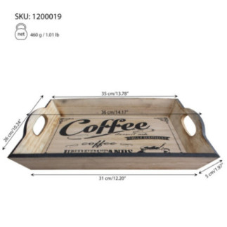 tavă din lemn cu mânere laterale pentru servit și informații despre dimensiuni și greutate