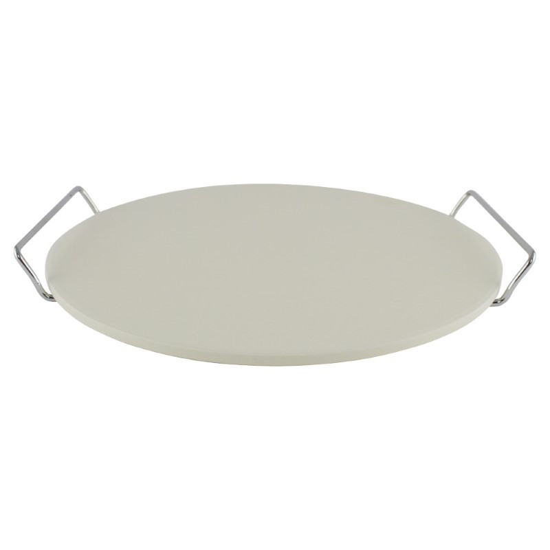 Platou rotund pentru servit, din piatră albă, cu mânere din inox, ideal pentru pizza, gustări, aperitive sau brânzeturi, 33 cm