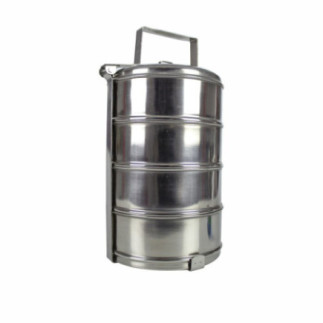 sufertas din inox cu 4 caserole stivuite una peste alta cu un capac și suport cu mâner pentru transport mâncare