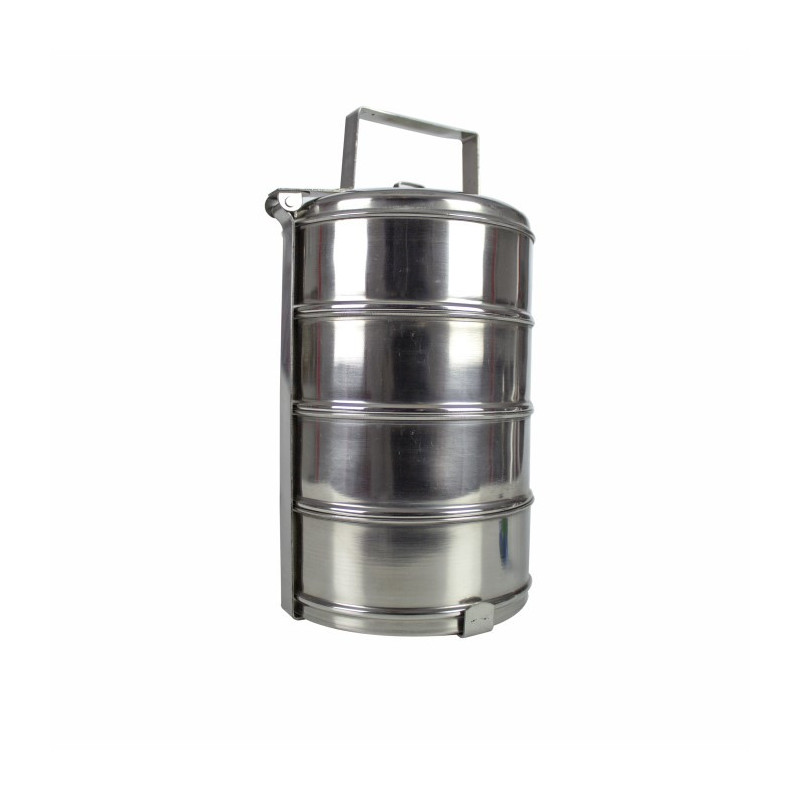 Sufertaș inox, caserole cu un capac, etajate intr-un suport metalic cu mâner, 4x1.3L, perfect pentru transportul mâncării