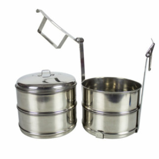 Sufertaș inox, caserole cu un capac, etajate intr-un suport metalic cu mâner, 4x1.3L, perfect pentru transportul mâncării