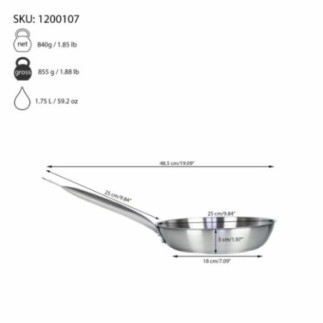 tigaie profesională din inox cu informații despre dimensiuni marcate prin săgeți