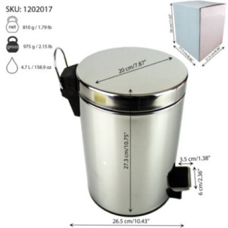 coș gunoi din inox împreună cu cutia de carton în care este ambalat și detalii despre dimensiuni și capacitate