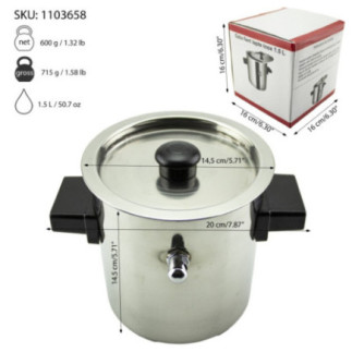 oală fiert lapte din inox cu supapă de abur și două mânere și informații despre dimensiuni și capacitate