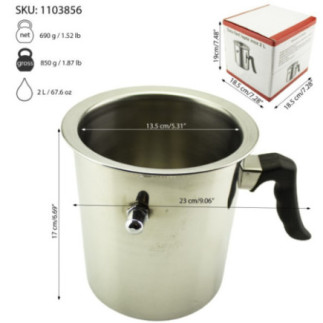 milk boiling pot with a handle lid and information about capacity weight and size