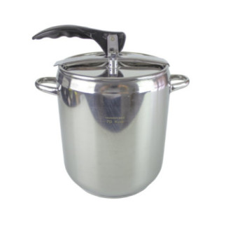 oală sub presiune din inox cu două mânere capac cu un mâner negru și mecanism de închidere etanș