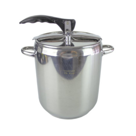 oală sub presiune din inox cu două mânere capac cu un mâner negru și mecanism de închidere etanș