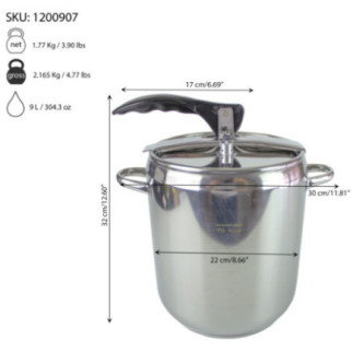 oală sub presiune de 9 litri cu închidere ermetică și specificații despre dimensiuni și capacitate