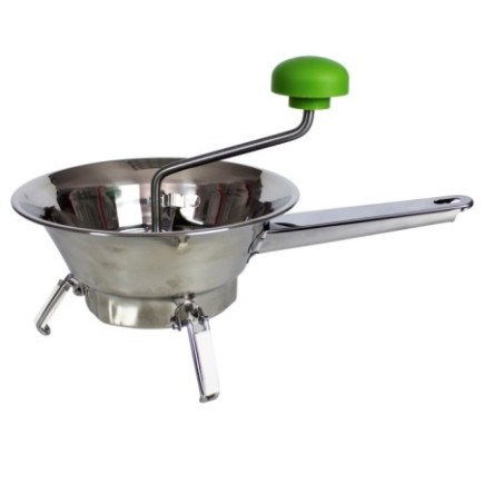 Pasator manual din inox, cu manivelă și 3 site interschimbabile de finețe diferită, pentru piureuri, pastă de roșii și gemuri