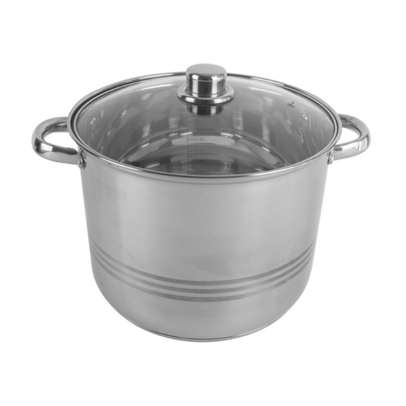 Oală înaltă din inox, gradată pe interior, cu două mânere și capac de sticlă, ideală pentru gătit supe, ciorbe și tocănițe, 11 L