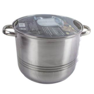 oală din inox cu două mânere rotunjite și capac inclus în ambalajul de folie transparentă cu etichetă