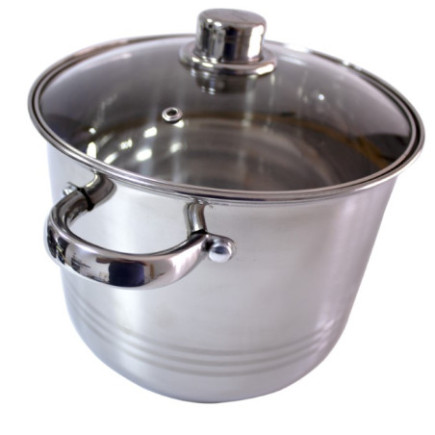 oală din inox cu două mânere și capac din sticlă cu orificiu pentru abur