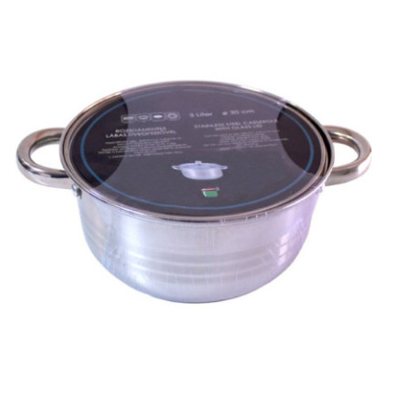 oală joasă din inox cu capac inclus și două mânere în ambalaj din folie stretch cu etichetă