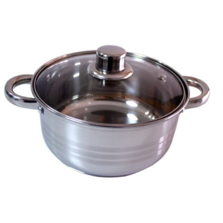 Oală joasă din inox, gradată pe interior, cu două mânere și capac de sticlă, ideală pentru gătit supe, ciorbe și tocănițe, 3 L