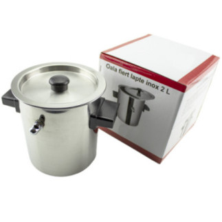 oală fiert lapte din inox cu capac în fața ambalajului cutie din carton