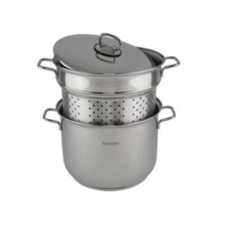 set inox de oală perforată cu mânere încastrată într-o altă oală cu mânere și capac pentru fiert și strecurat paste