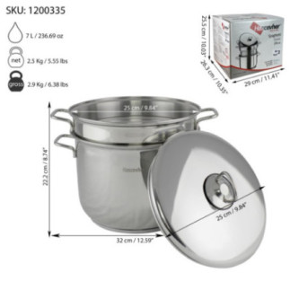 set inox de oală cu strecurătoare tip oală perforată încorporată și capac și mențiuni despre dimensiuni și capacitate