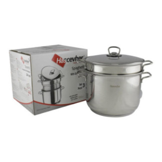 oală de paste cu strecurătoare și cutie colorată în care este ambalată