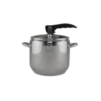 oală sub presiune din inox cu două mânere laterale și mâner negru din ebonită deasupra pe capac