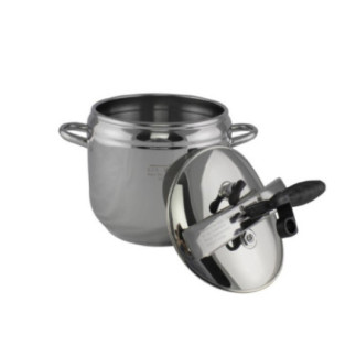 oală sub presiune din inox cu capac cu sistem de închidere etanșă sprijinit de ea